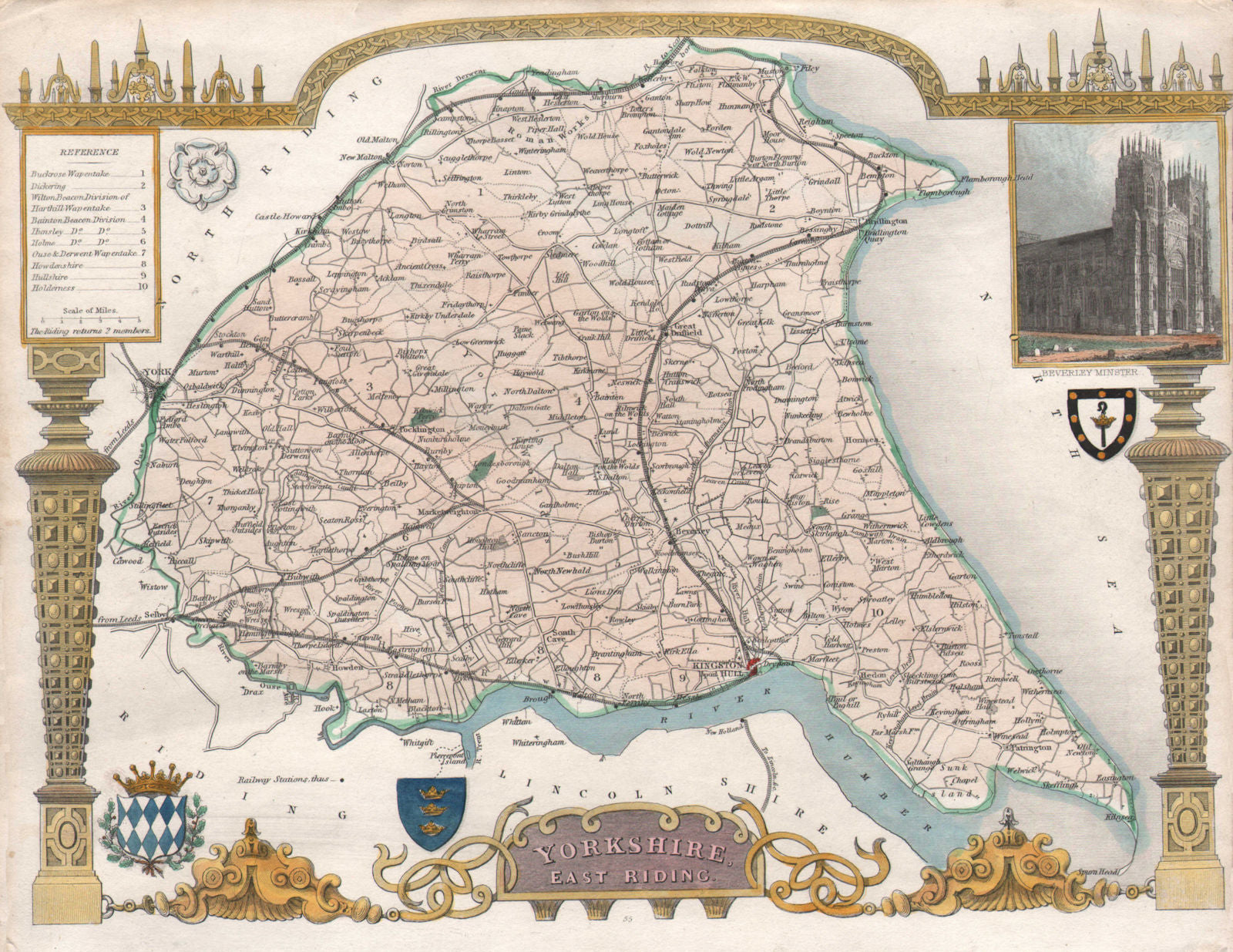 Yorkshire East Riding antique hand-coloured county map. Railways. MOULE c1840